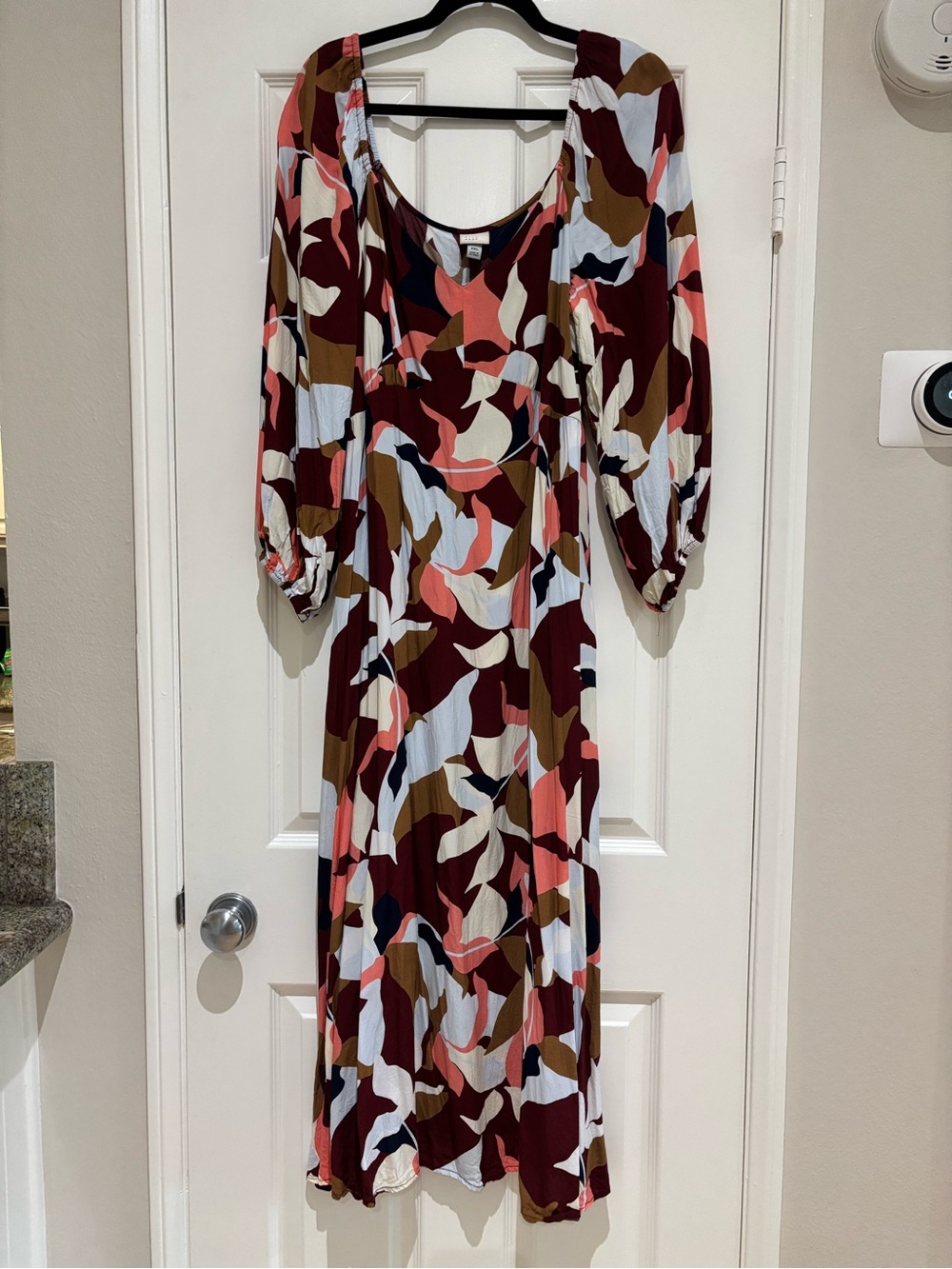 Target Burgundy Multi Abstract Midi Dress with Puff Sleeves